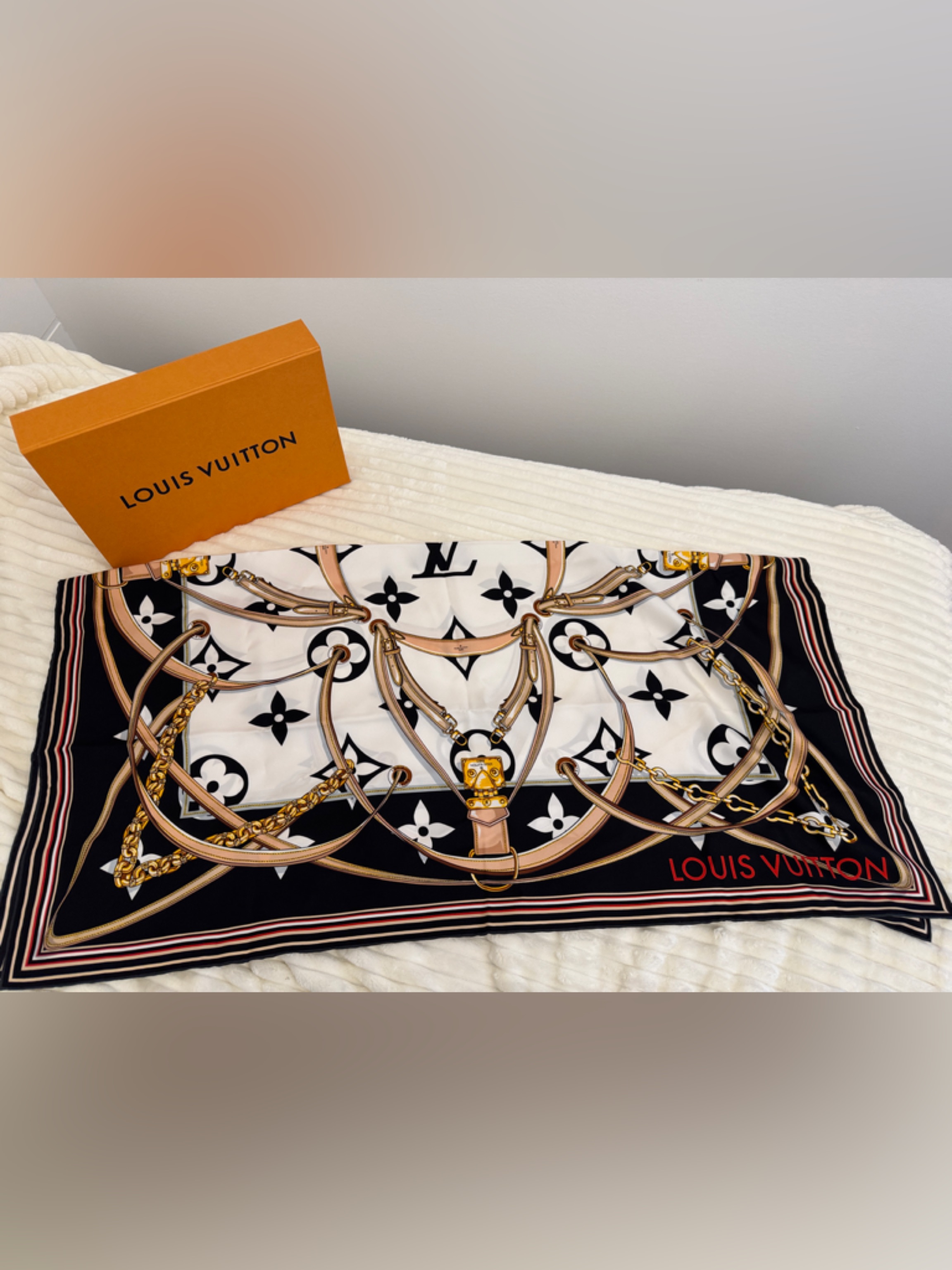 Louis Vuitton Black, White & Tan Signature Silk Scarf With Gold Accents - Bnwot